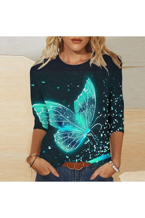 Shirts for Women 3/4 Sleeve Summer Ladies Plus Size Tops Loose Leisure Butterfly Print Fancy Party Tops