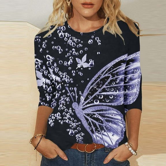 Odbmxy Shirts for Women 3/4 Sleeve Summer Ladies Plus Size Tops Loose Leisure Butterfly Print Fancy Party Tops,Purple XL