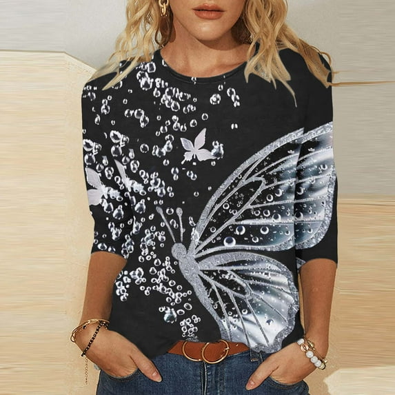 Odbmxy Shirts for Women 3/4 Sleeve Summer Womans Tops Butterfly Print Fancy Loose Party Leisure Tops,White 4XL
