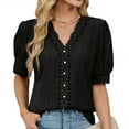 thumbnail image 1 of Odbmxy Shirts for Women Summer V-Neck Short Sleeve Women's Tops Button up Lace Regular Plain Casual Tops,Black XXL, 1 of 9