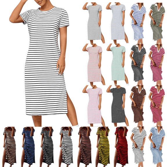 Odbmxy Short Sleeve Ladies Summer Dresses T-Shirt Womens Plus Dresses Relaxed Fit Casual Striped Pockets Daytime Dresses,White 3XL