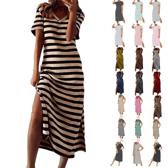 Odbmxy Short Sleeve Midi Dress for Women T Shirt Women's Plus Size Dresses Sundress Leisure Loose V-Neck Striped Dresses,Yellow S