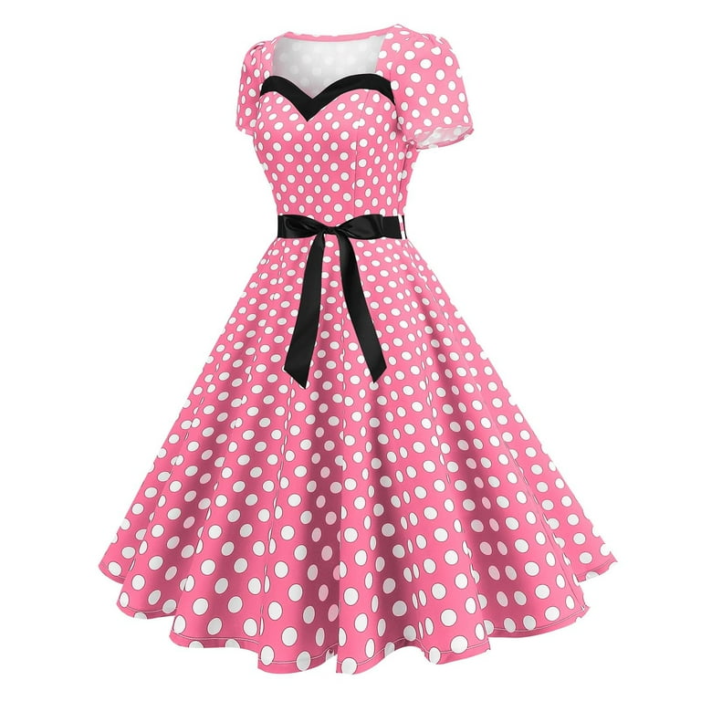 Odbmxy Short Sleeve Midi Dresses for Women Evening Gown V-Neck Women Dress Tunic Relaxed Fit Polka Dots Party Retro Dresses,Pink L, Women's, Size: