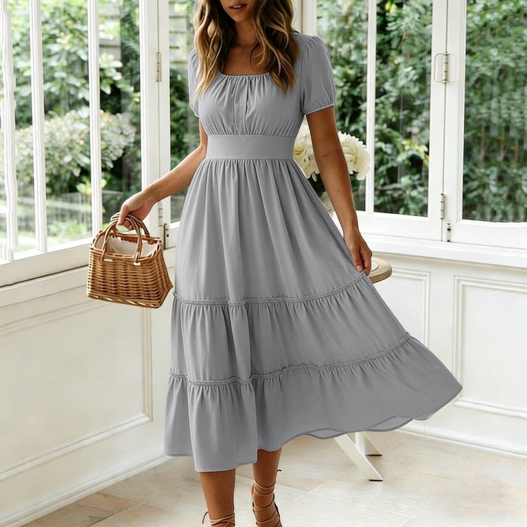 a line midi dresses with short sleeves Loragal Round Neck Puff Short Sleeve Solid Color A-Line Gowns Midi Dresses-Apricot Apricot-S