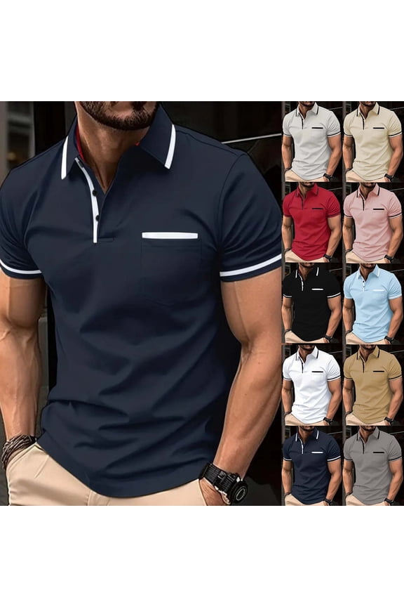 Short Sleeve Polo Shirt for Men Big and Tall Tee Shirts for Men Button Solid Patchwork Regular Casual Shirts,Blue XL