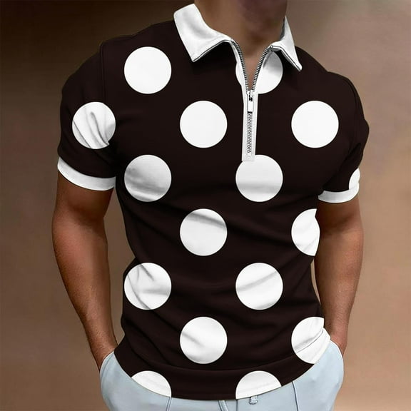 Odbmxy Short Sleeve Polo Shirts for Men Collared Shirts for Men Front Zip-Up Breathable Casual Polka Dots Retro Shirts,Black M