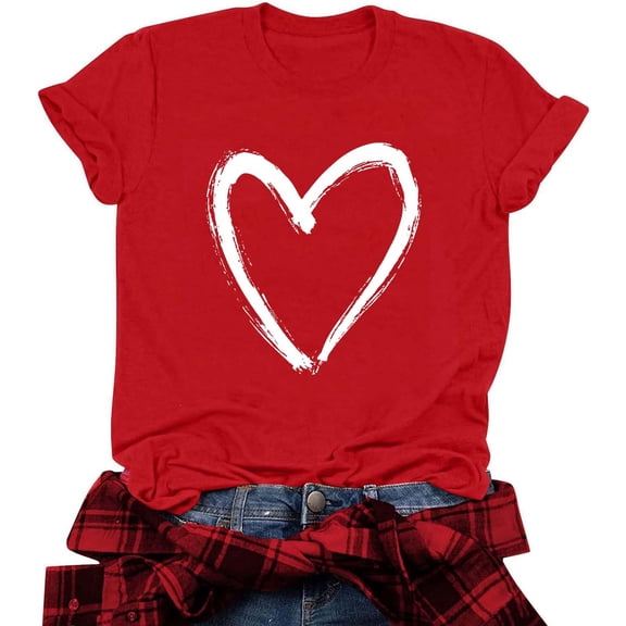 Odbmxy Short Sleeve T-Shirts Womens Funny Valentines Plus Size Womens Tops Casual Loose Holiday Red Heart Print Shirts