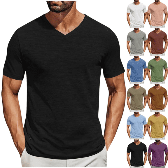 Odbmxy Short Sleeve T Shirts for Men Cotton Mens Clothes Shirts Plain Daily Soft V-Neck Regular Basic Leisure Shirts,Black S