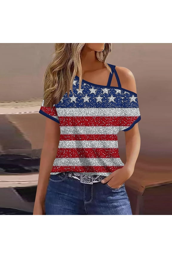 Short Sleeve T Shirts for Women Fourth of July Blue Womans Tops Holiday One-Shoulder Striped Casual Regular Summer Tops