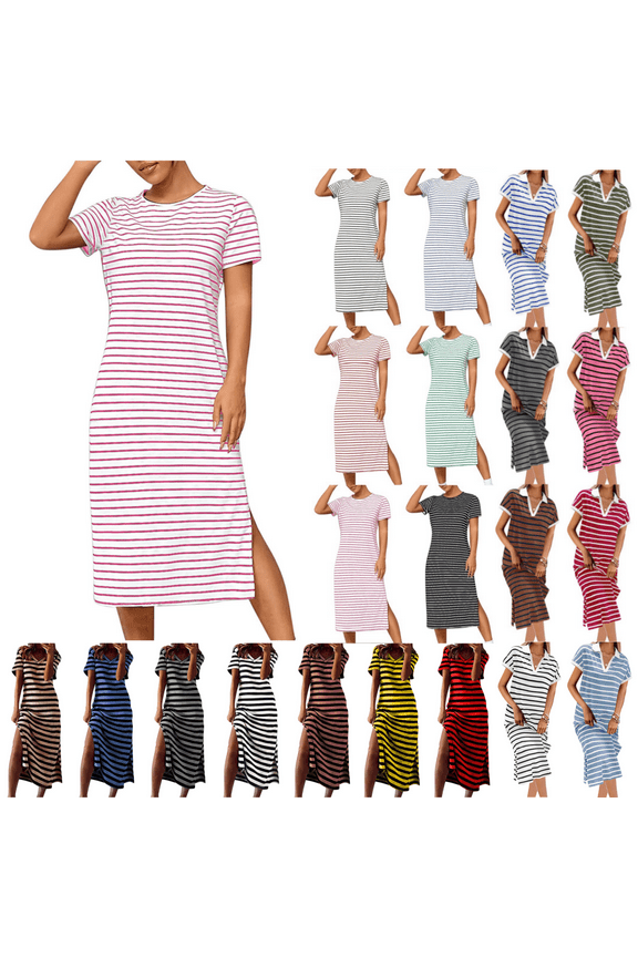 Short Sleeve Women Summer Dress T-Shirt Women Plus Size Dresses Pockets Casual Daytime Striped Relaxed Fit Dresses,Pink 3XL