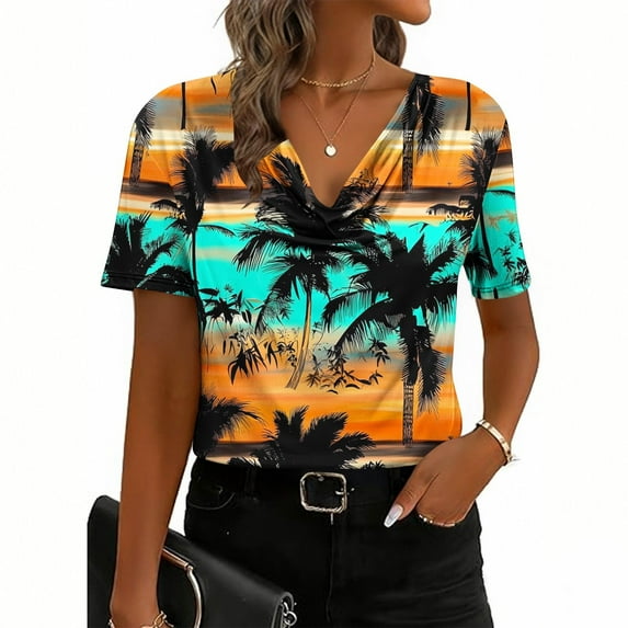 Odbmxy Short Sleeve Women's Blouse Summer V-Neck Plus Size Tshirts Women Tunic Slim Business Casual Blue Vintage Graphic Tops