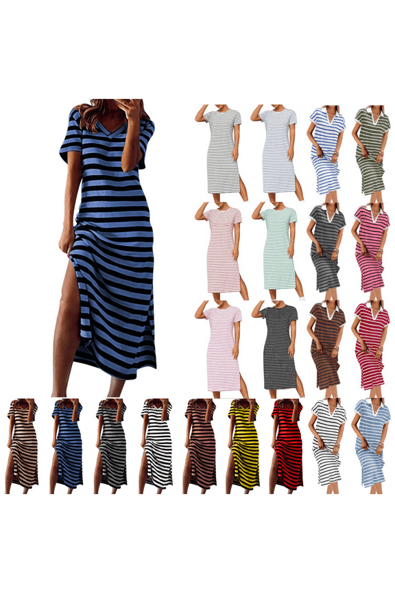 Short Sleeve Women's Midi Length Dresses Tee Shirt Women Dresses Plus V-Neck Color Block Leisure Sundress Dresses,Blue XXL