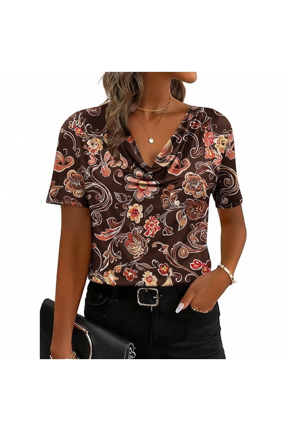 Short Sleeve Womens Blouses Plus Size Summer V-Neck Womens Tee Shirts Retro Vacation Brown Floral Tunic Slim Tops