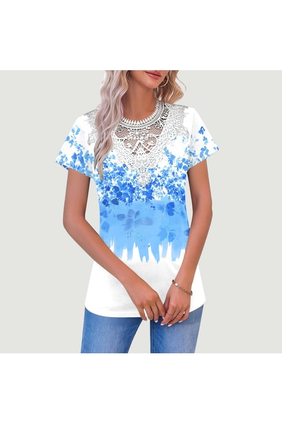 Short Sleeve Womens Blouses Summer Lace Tops for Women Plus Size Regular Floral Fancy Holiday Leisure Tops