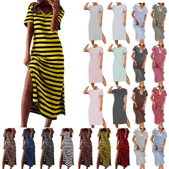 Odbmxy Short Sleeve Womens Midi Dress Tee Shirt Women's Plus Size Dresses Sundress Leisure Striped V-Neck Dresses,Yellow XL