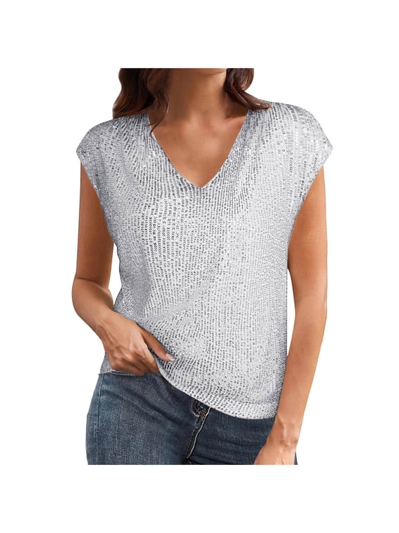 Short Sleeve Womens Plus Size Tee Shirts Sequin Plus Size Womens Tops Party Sparkly Casual Loose Plain Tops,White M