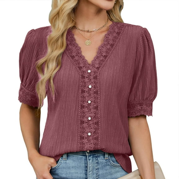 Odbmxy Short Sleeve Womens Shirt Summer V-Neck Tops for Women Plus Size Casual Regular Plain Button up Lace Tops,Red XXL