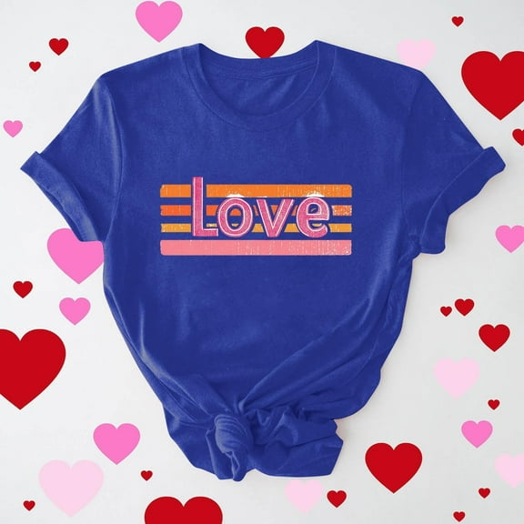 Odbmxy Short Sleeve Womens Tee Shirts Valentine's Day Holiday Women's Plus Size Tops Love Print Loose Blue Lovely Casual Shirts