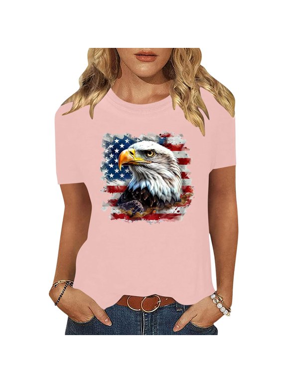 Short Sleeve Womens Tshirts Cotton Independence Day Womens Plus Size Tops Pink Tunic Casual Holiday Eagle Regular Tops