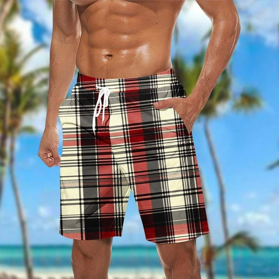 Odbmxy Shorts for Men Plaid Mens Shorts Big and Tall Retro Relaxed Fit Pockets Holiday Leisure Shorts,Red XXL