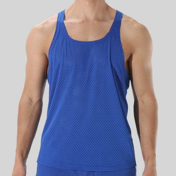 Odbmxy Sleeveless Mens Tank Tops Racerback Shirts for Men Plus Size Athletic Mesh Relaxed Fit Casual Solid Color Shirts,Blue L