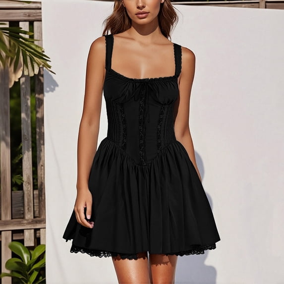 Odbmxy Sleeveless Mini Dresses for Women Plus Size Lace Cocktail Women's Dress Tunic Black Slim Party Square Neckline Dress