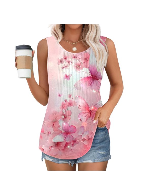 Sleeveless Plus Size Tank Tops for Women Summer Womens Tops Pleated Loose Casual Breathable Floral Daily Tops,3XL