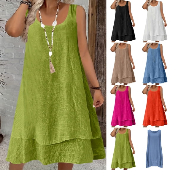 Odbmxy Sleeveless Sun Dresses Women Beach Midi Dresses for Women Holiday Tank Loose Summer Peplum Green Dress