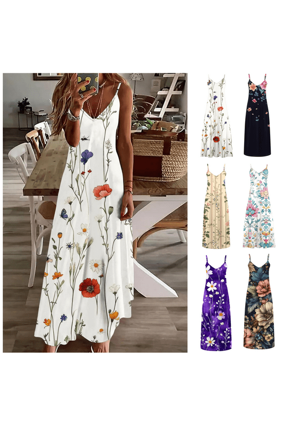 Sleeveless Women Maxi Dresses Womens Sun Dresses Floral Fancy Comfy Vacation Loose V-Neck Dresses,White 3XL
