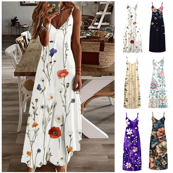 Odbmxy Sleeveless Women Maxi Dresses Womens Sun Dresses Floral Fancy Comfy Vacation Loose V-Neck Dresses,White 3XL