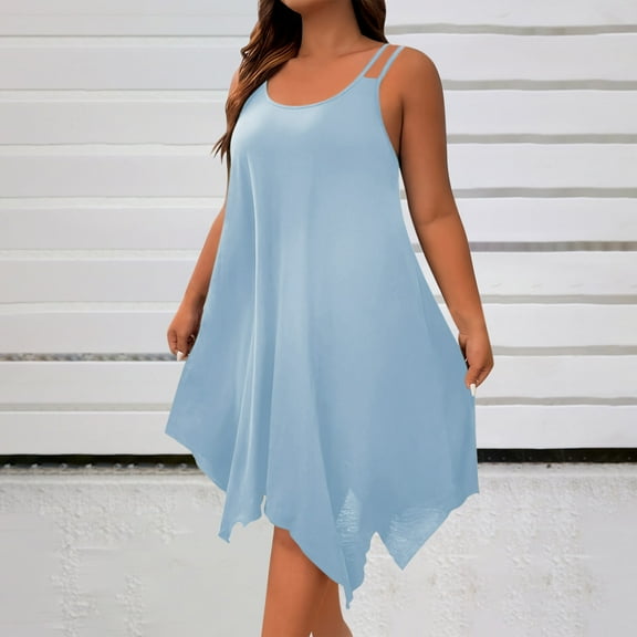 Odbmxy Sleeveless Women Sun Dresses Womens Plus Dresses Breathable Modern Fit Plain Vacation Comfy Dresses,Blue XXL