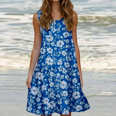 Odbmxy Sleeveless Women's Summer Dresses Midi Dress Women Loose Holiday Floral Casual Flowy Dresses,Blue 2XL
