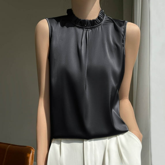 Odbmxy Sleeveless Women's Tank Tops Turtleneck Tops for Women Trendy Relaxed Fit Casual Vacation Ice Silk Plain Tops,Black 3XL