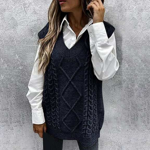 Odbmxy Sleeveless Womens Oversized Sweater Chunky Pullover V-Neck Sweater Vest Women Plus Solid Blue Knitted Sweaters