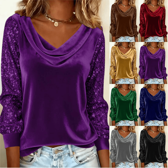 Odbmxy Sparkly Sequin Shirt Women Long Sleeve Womens Plus Size Tops Loose Casual Party Pullover V-Neck Tops