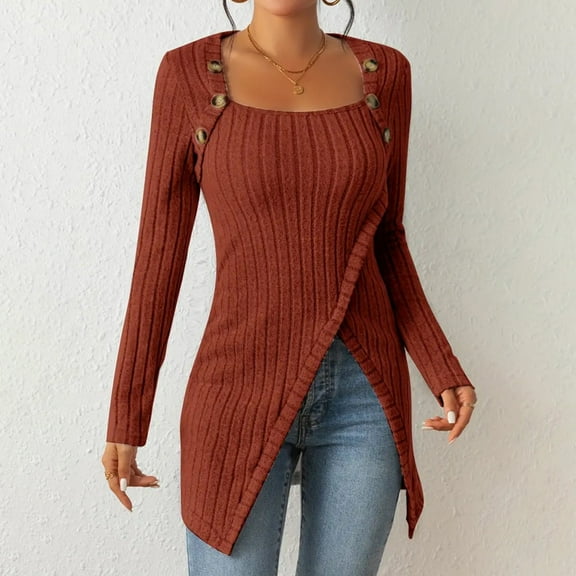 Odbmxy Square Neckline Sweaters for Women 2024 Long Sleeve Winter Sweaters for Women Brown Slim Tunic Knit Soft Sweaters