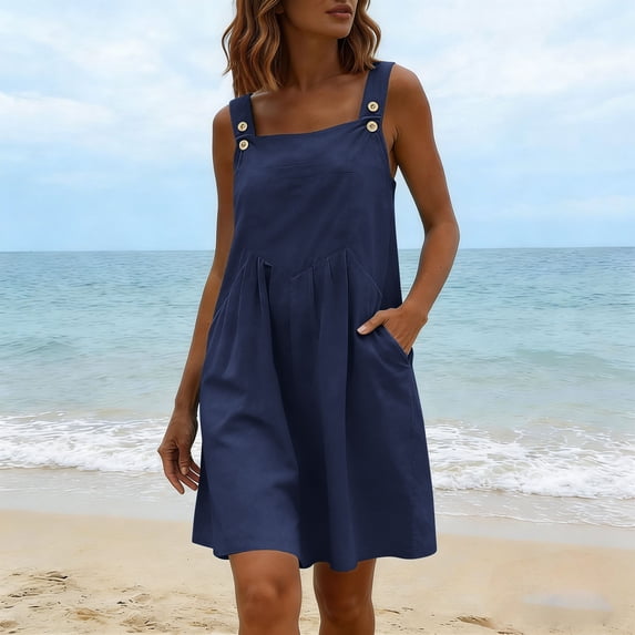 Odbmxy Square Neckline Women's Mini Dress Summer Cotton Tank Sundresses for Women Sleeveless Knee Length Tunic with Pockets
