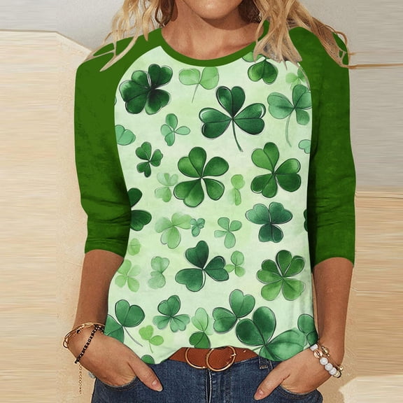 Odbmxy St. Paddy's Day Womens Tee Shirts Plus Size 3/4 Sleeve Shamrock Tops Women Regular Tunic Casual Green Holiday Shirts