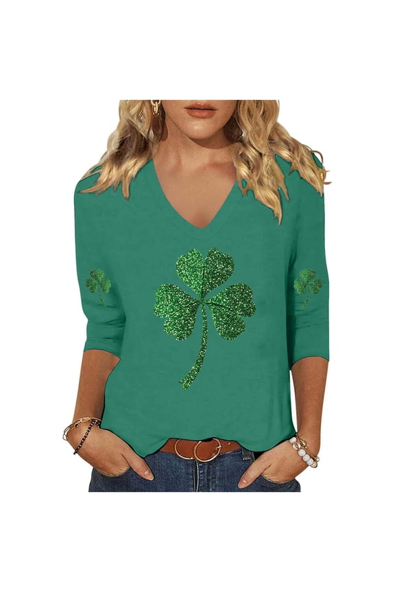St. Patrick's Day Plus Size Tshirts Women V-Neck 3/4 Sleeve Womens Tops Casual Loose Shamrock Green Holiday Tunic Shirts