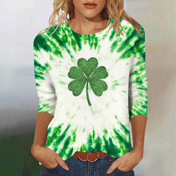 Odbmxy St. Patty's Day T-Shirts Women 3/4 Sleeve Holiday Women Tops Graphic Leisure Pullover Regular Shirts