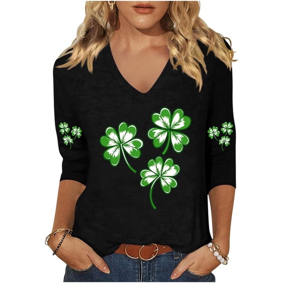 Odbmxy St. Patty's Day T-Shirts Womens Plus Size V-Neck 3/4 Sleeve Shirts for Women Graphic Party Funny Loose Black Leisure Shirts