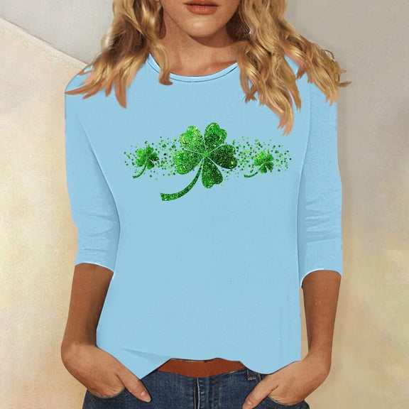 Odbmxy St. Patty's Day T Shirts for Women Plus Size Shamrock 3/4 Sleeve Womens Top Leisure Festivals Blue Loose Shirts