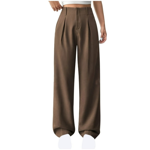Odbmxy Straight-Leg Womens Pants Plus Full High Waist Trousers Pants Woman Loose Formal Brown Dressy Business Solid Pants,S