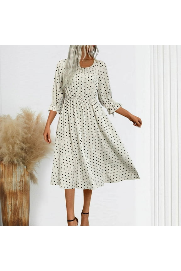 Summer Dresses for Women 2025 Tunic Elbow-Length Women Plus Size Dresses Polka Dots Vacation Flared Sleeves Dresses,Beige S