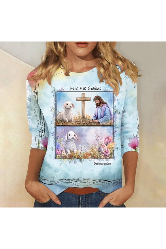 Summer Easter Clothes Women Plus Size Graphic 3/4 Sleeve Womens T Shirt Camping Loose Casual Tunic Tops