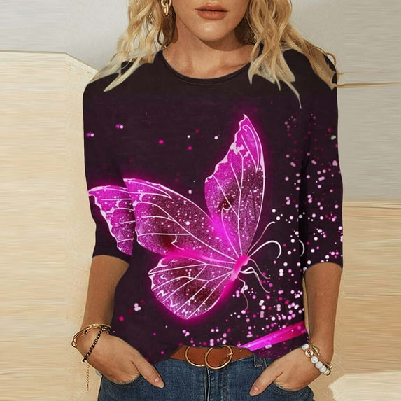 Odbmxy Summer Plus Size Shirts for Women 3/4 Sleeve Womens Tops Trendy Leisure Fancy Party Butterfly Print Loose Tops,Pink L
