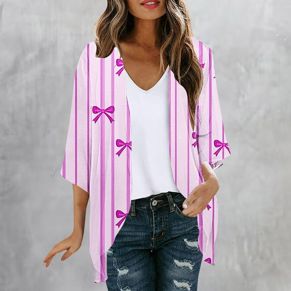 Odbmxy Summer Plus Size Women's Cardigan Elbow-Length Women's Plus Size Tops Loose Beach Striped Open Front Cardigans,Purple XXL