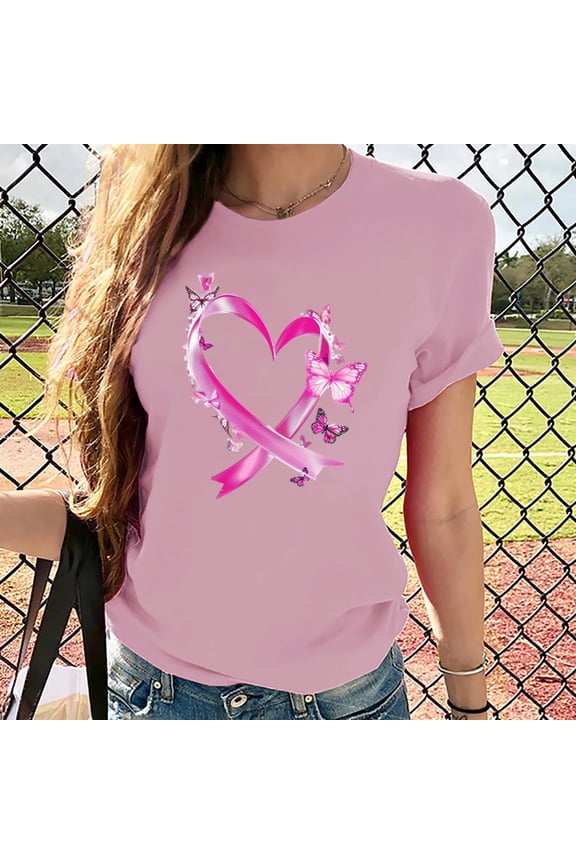 Summer T Shirts Women Breast Cancer Short Sleeve Women's Tops Graphic Pink Loose Funny Holiday Casual Tops