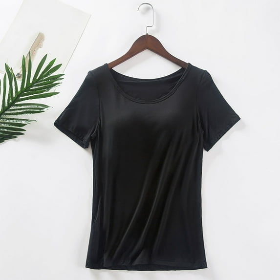 Odbmxy Summer T Shirts for Women Cotton Short Sleeve Women Tops Thin Slim Leisure Plain Black Padded Workout Tops