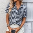 thumbnail image 1 of Odbmxy Summer Women Shirts Short Sleeve Collared Womens Top Regular Button Cardigan Blue Plaid Classic Casual Tops, 1 of 9